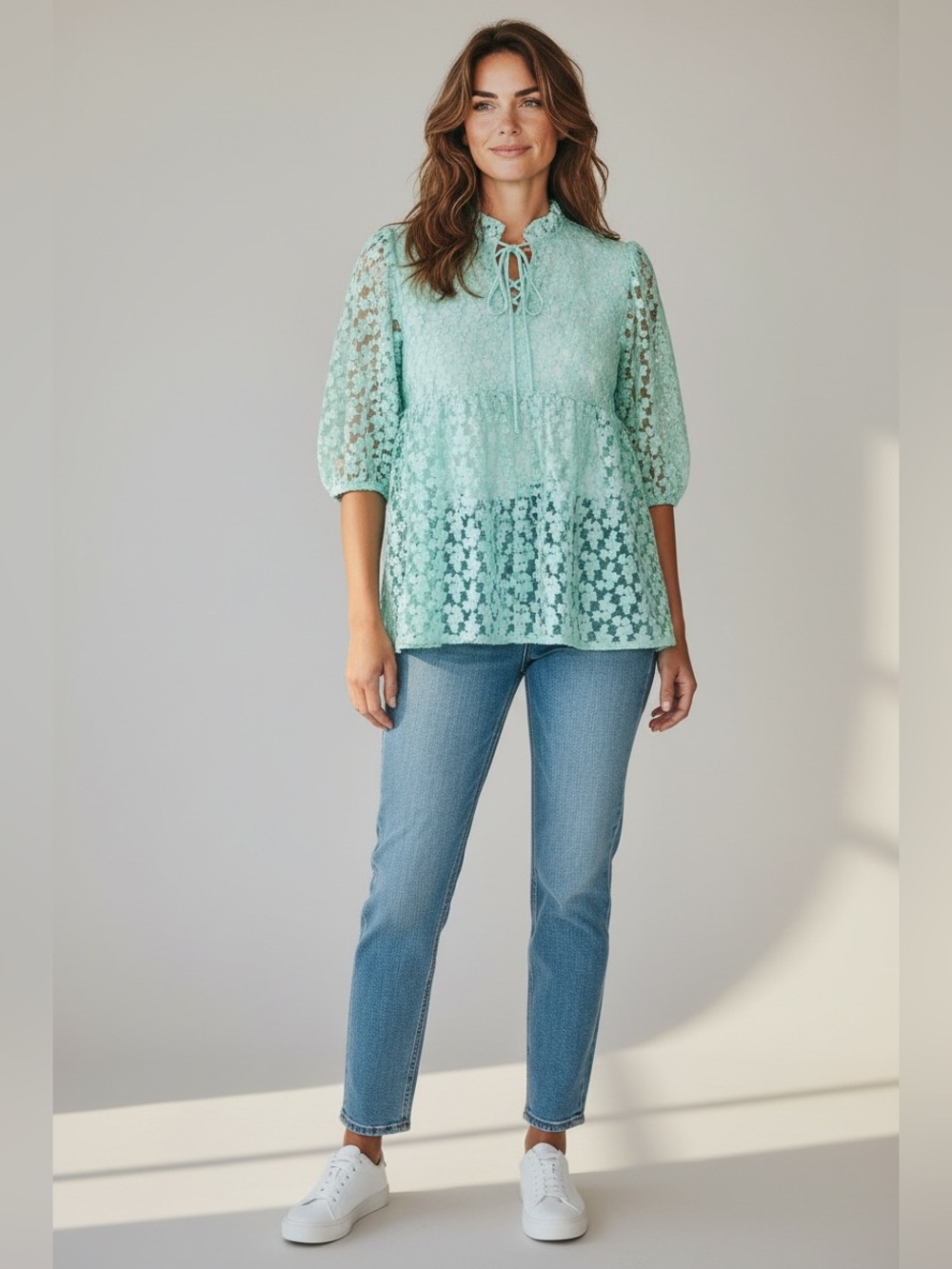Marc NY Andrew Marc Lace 3/4 Sleeve Mint Tunic Size XS NWT